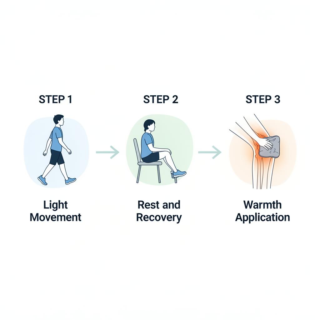 Simple three-step knee recovery routine diagram: light movement, rest and recovery, warmth application