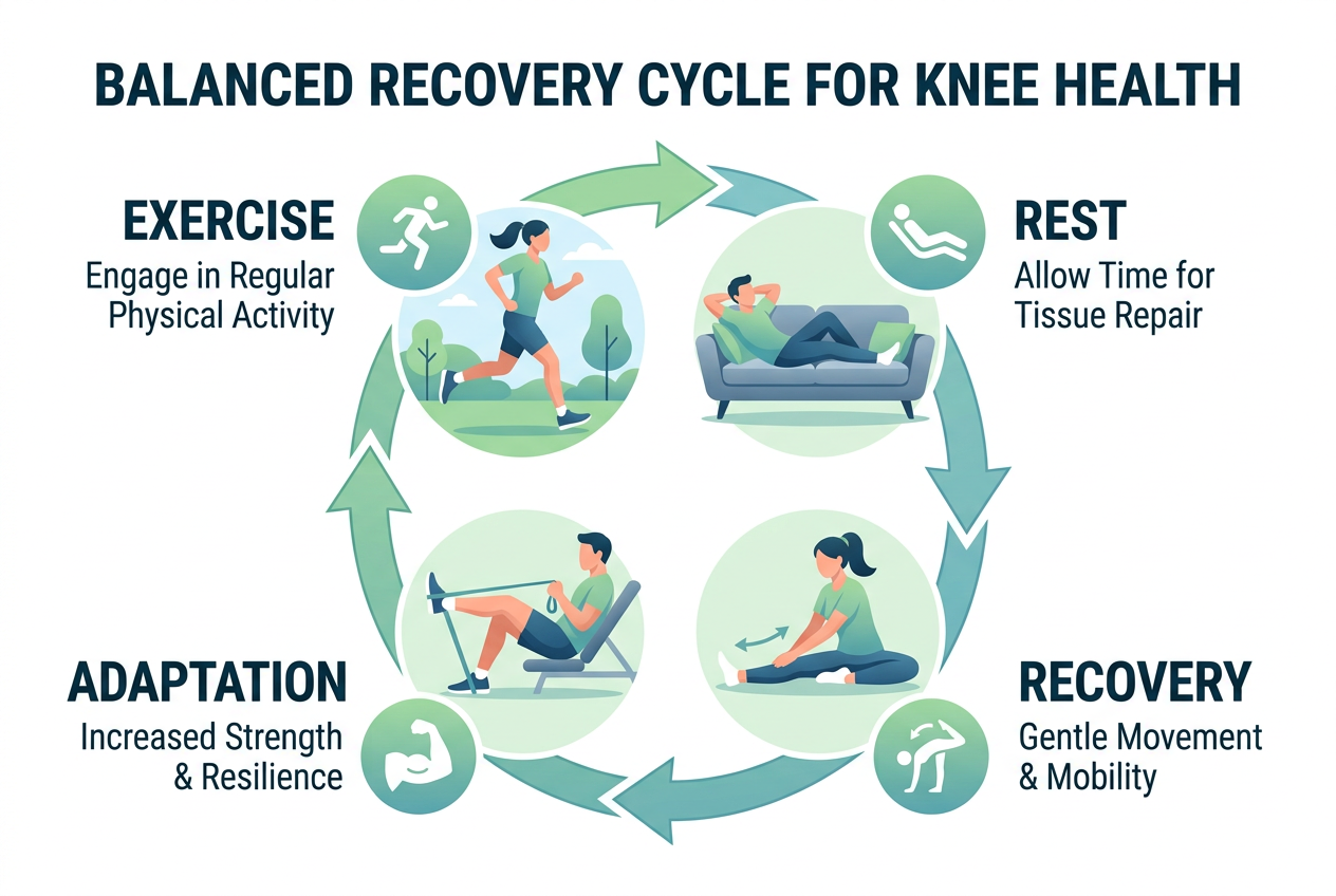 Knee recovery cycle showing exercise, rest, and adaptation phases