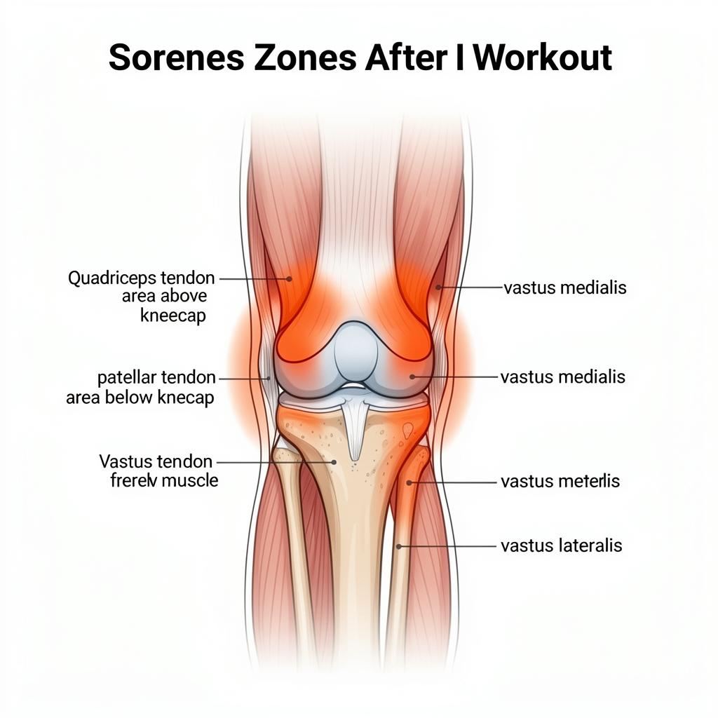 Diagram showing common knee soreness zones after a workout, including quadriceps tendon, patellar tendon, and surrounding muscle groups