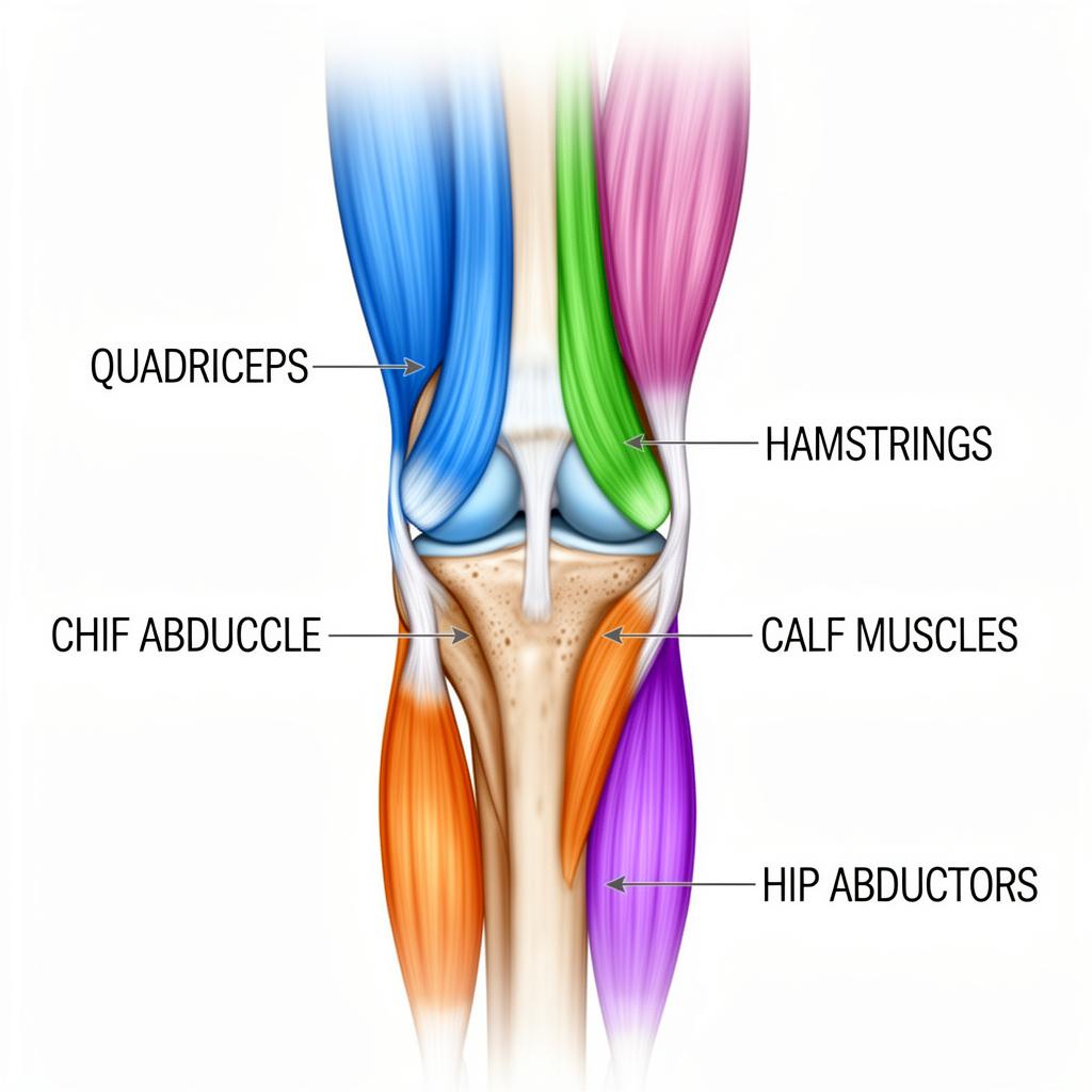 Diagram showing the four key muscle groups that stabilize the knee joint: quadriceps, hamstrings, calf muscles, and hip abductors