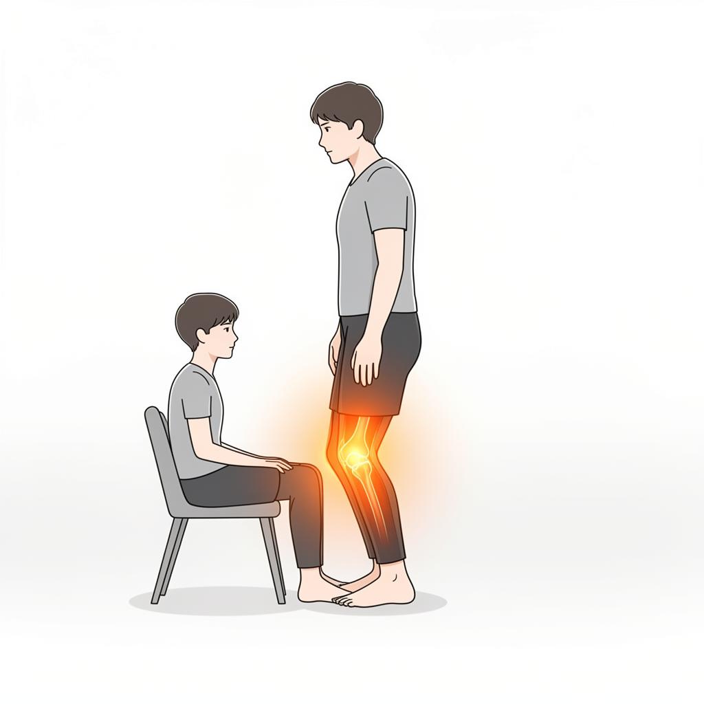 Illustration of person standing from seated position with stiff knees highlighted