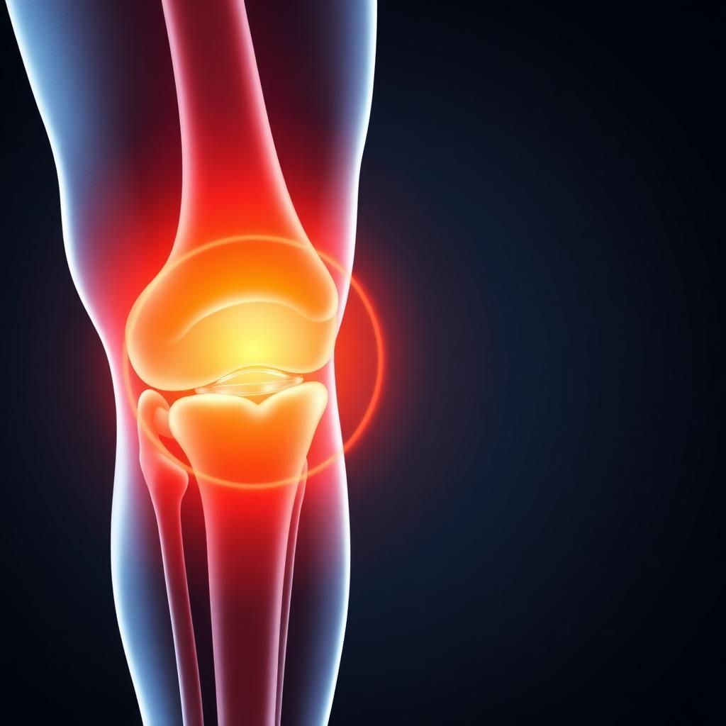Knee joint showing inflammation and fluid accumulation around the kneecap area
