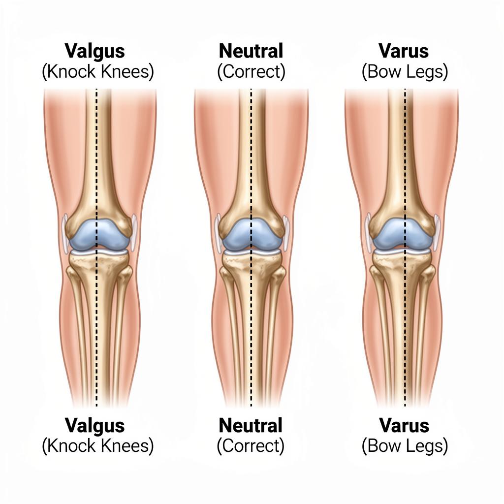 Knee alignment diagram showing valgus, neutral, and varus positions