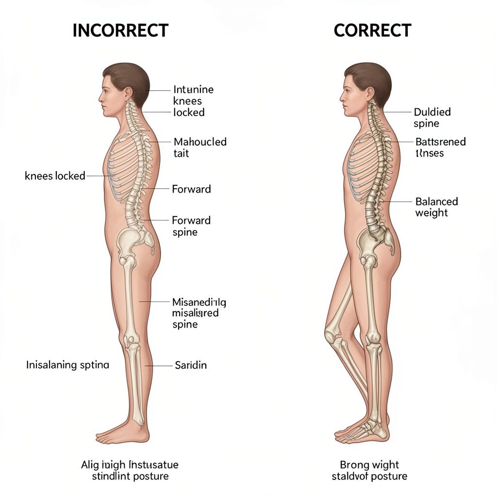 Incorrect vs correct standing posture comparison showing impact on knees