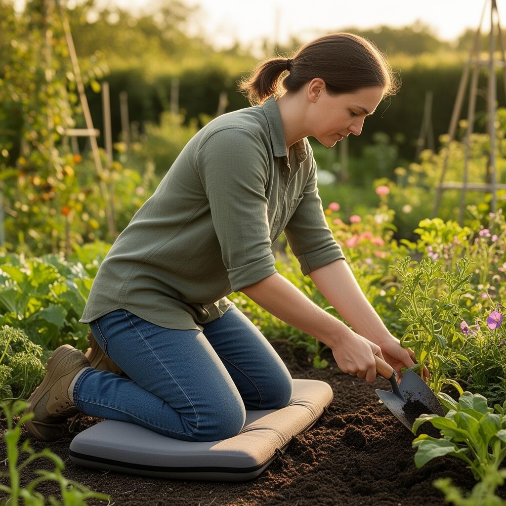 Person kneeling on a cushioned pad while gardening, demonstrating proper kneeling posture with knee support