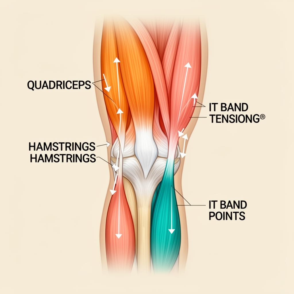 Muscle tightness around the knee showing quadriceps, hamstrings, and IT band tension points