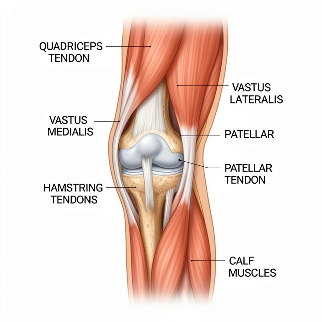 Illustration showing the muscles and tendons that support the knee joint from a side view perspective