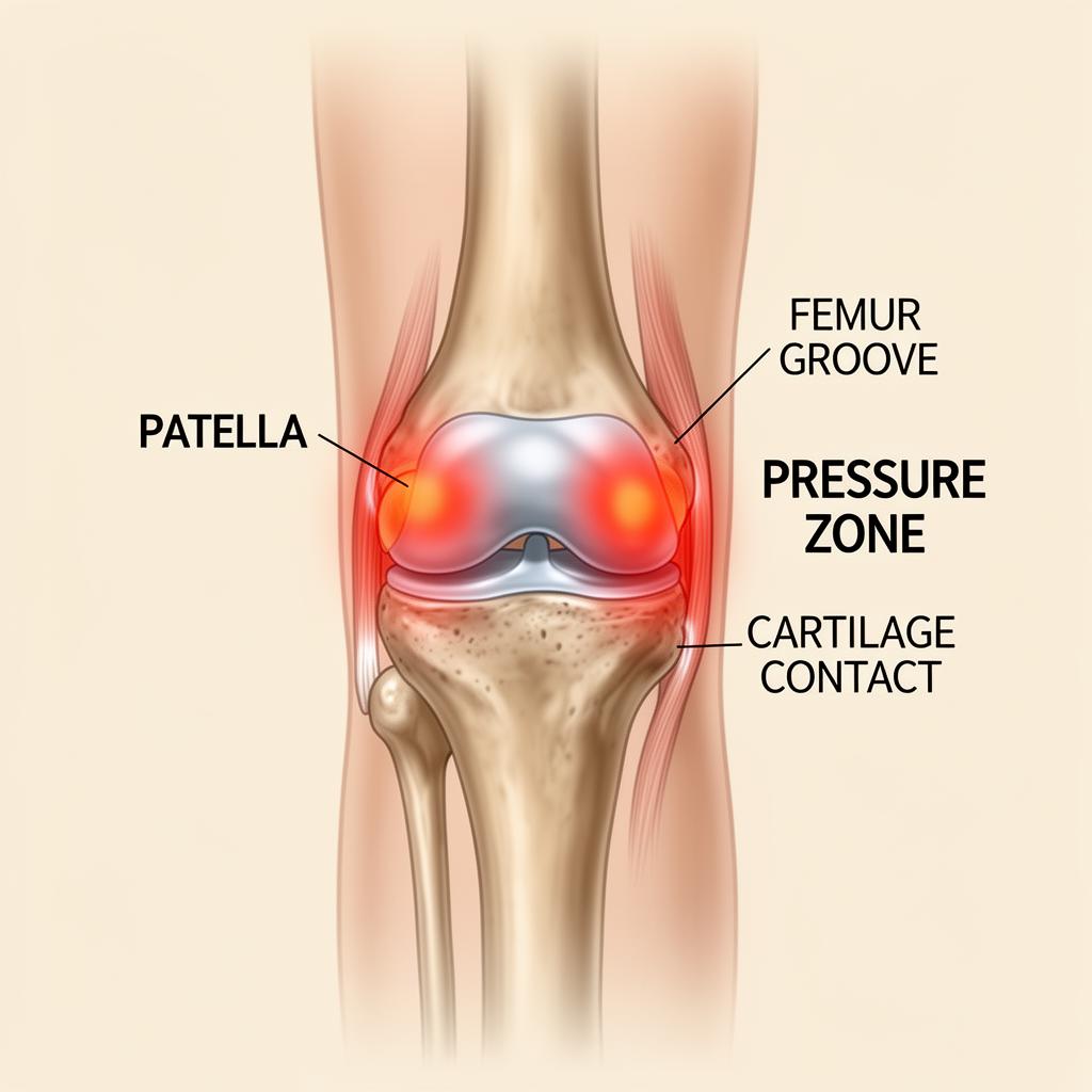 Patellofemoral pressure illustration showing patella, femur groove, pressure zone, and cartilage contact areas