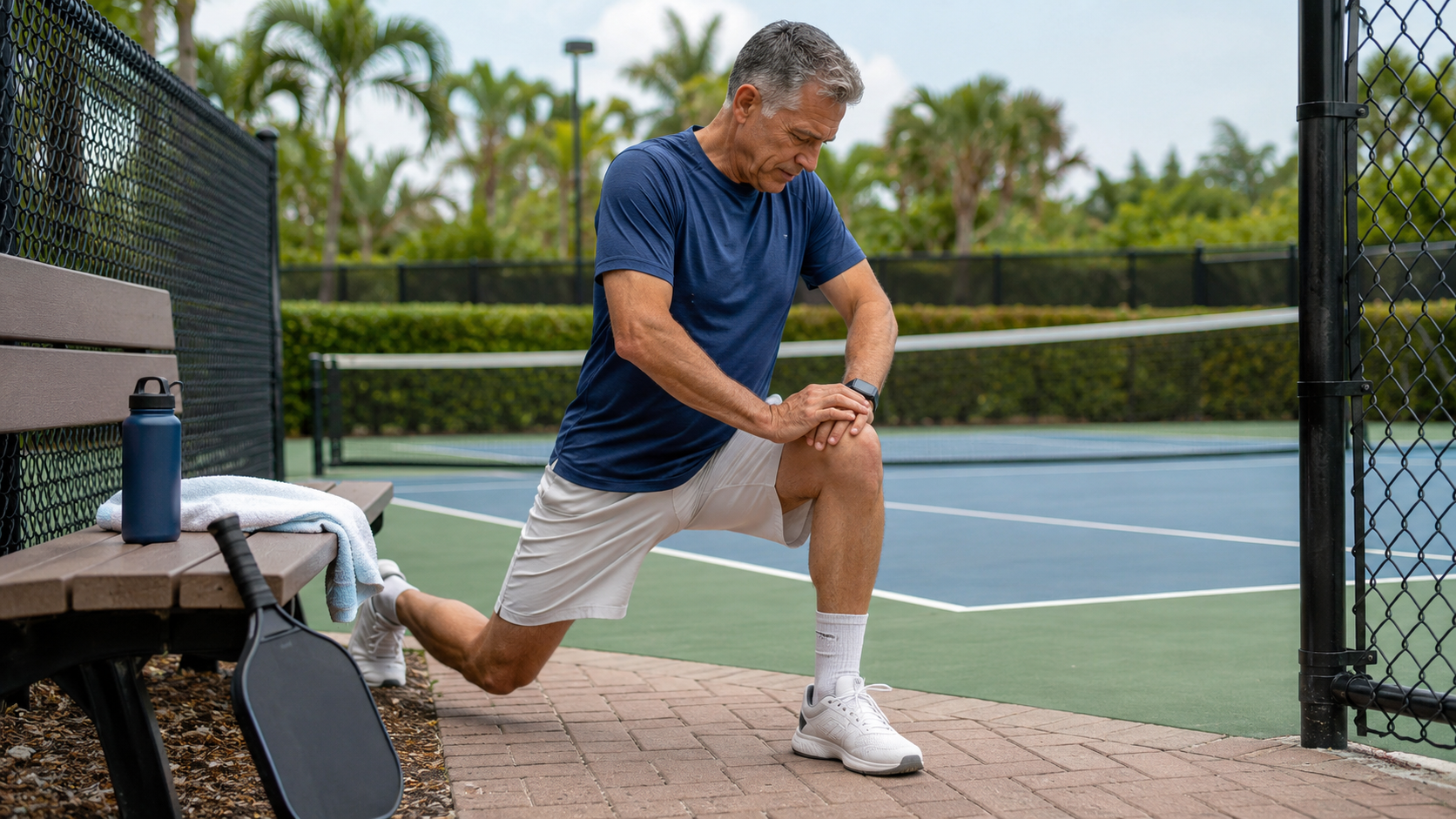 Pickleball player performing a gentle seated cooldown stretch beside the court