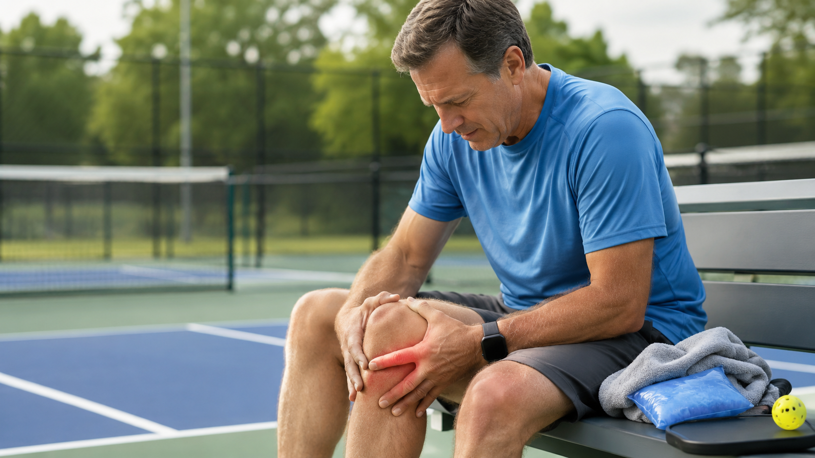 Pickleball player kneeling on court and holding a painful knee