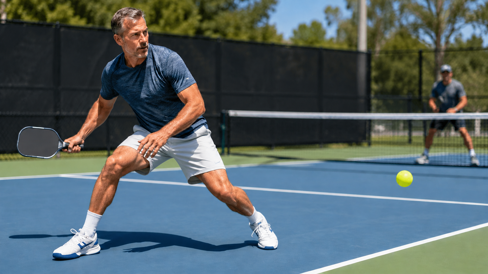 Pickleball player moving laterally across a hard court during a rally