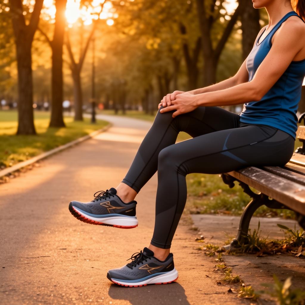 Runner stretching knee and lower leg after a run in a park setting