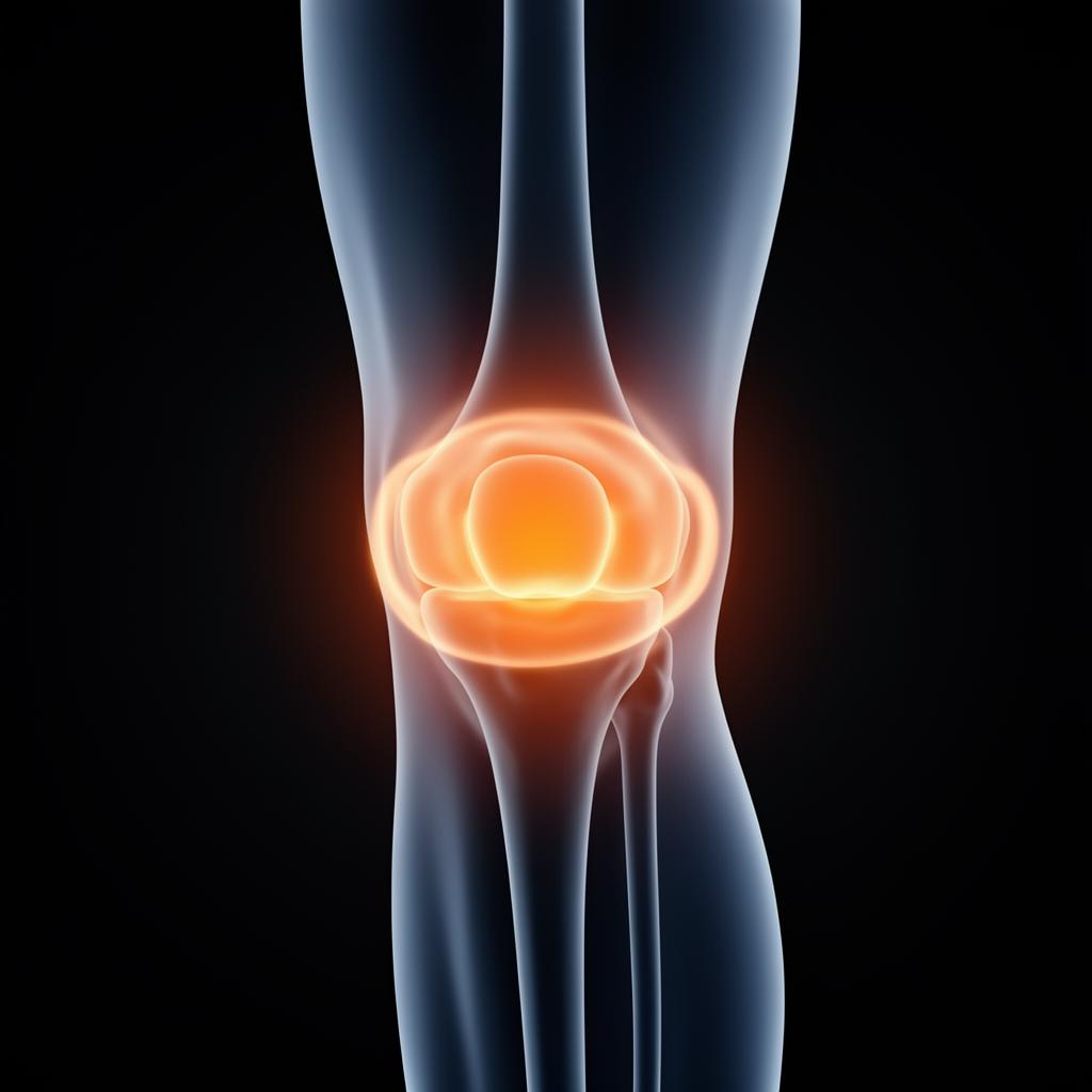 Front view of knee showing prepatellar bursa location with inflammation highlighted