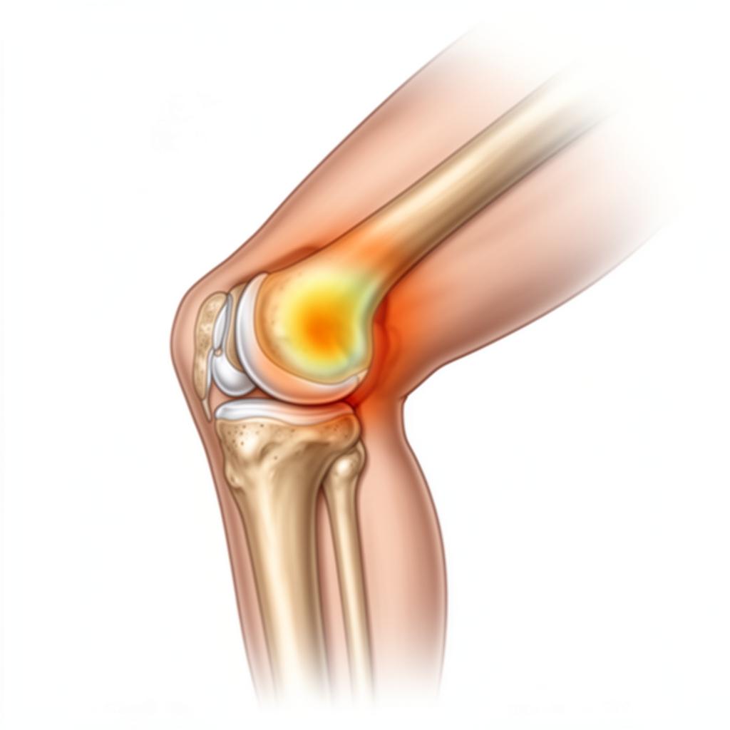 Side view of a bent knee showing increased pressure zone behind the kneecap highlighted in warm colors
