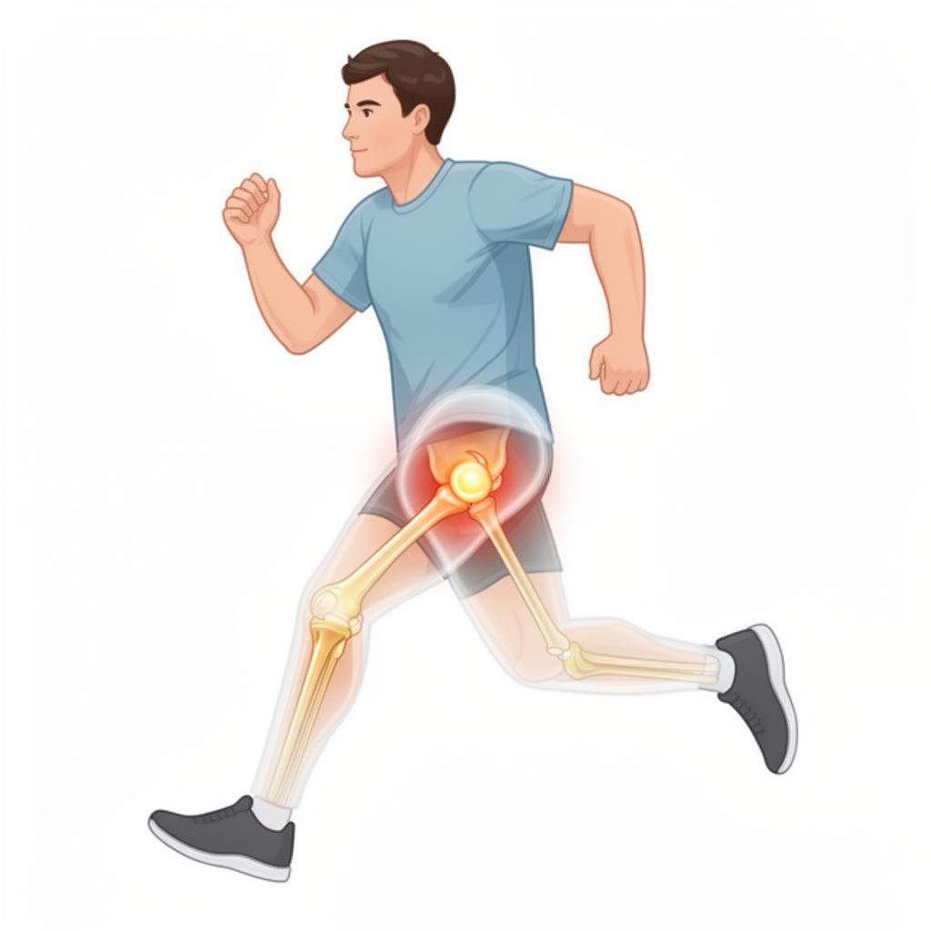 Runner in motion with anatomical overlay showing knee joint mechanics and kneecap loading during running stride