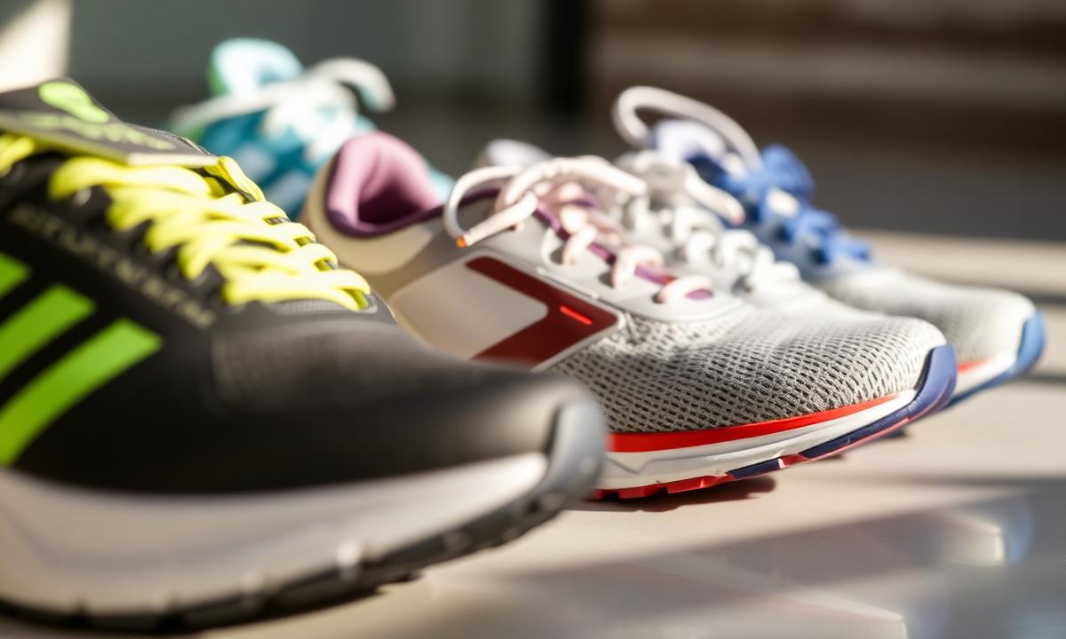 Different types of running shoes lined up showing variety in cushioning and support styles