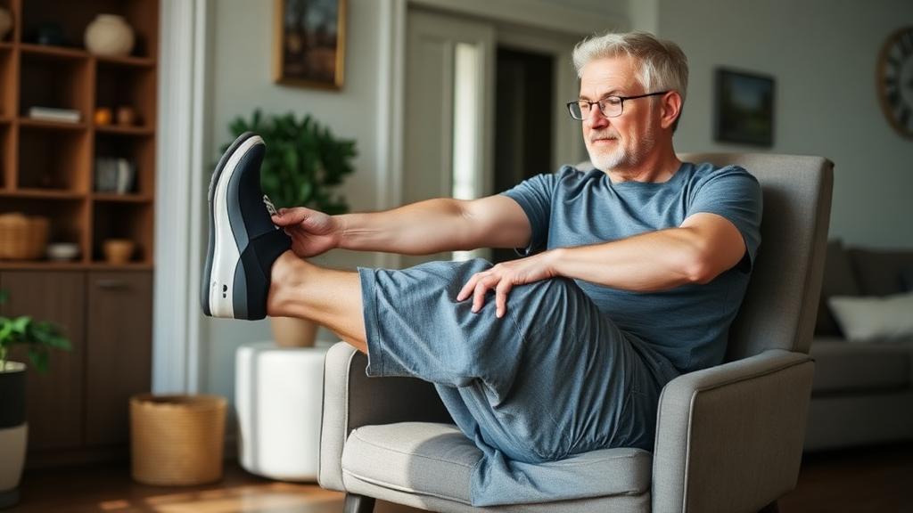 Person performing a seated knee extension exercise while sitting in a chair