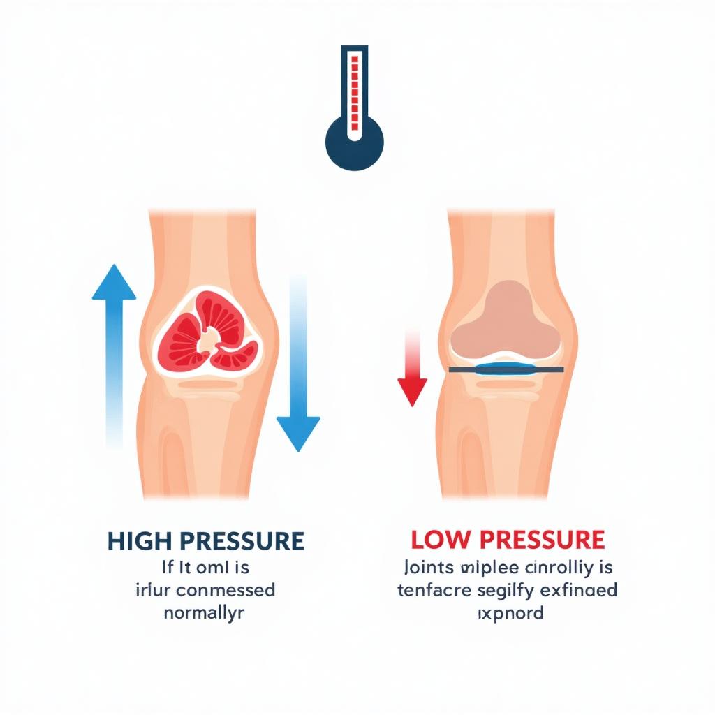 Diagram comparing high barometric pressure keeping joint tissues stable versus low pressure allowing tissues to expand slightly