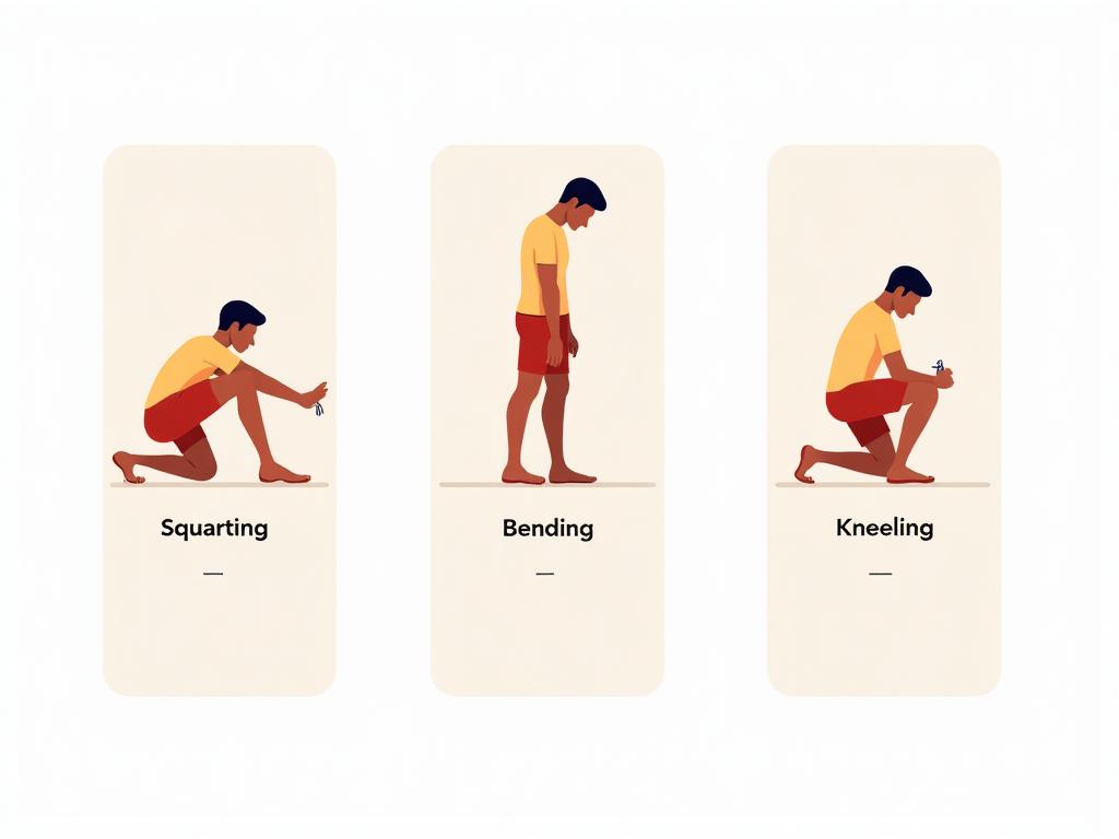 Three panels showing squatting, bending, and kneeling positions that commonly trigger knee clicking
