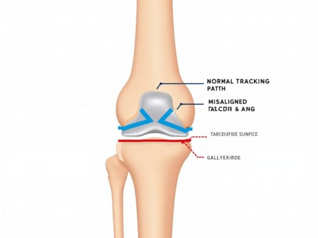 Anatomical diagram showing normal vs misaligned kneecap tracking and cartilage surface