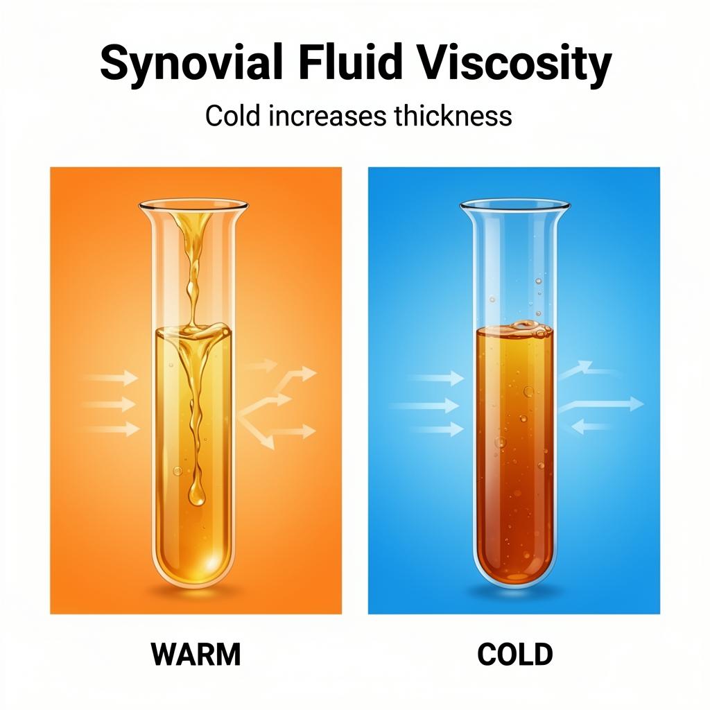 Comparison diagram showing thin flowing synovial fluid in warm conditions versus thick viscous fluid in cold conditions