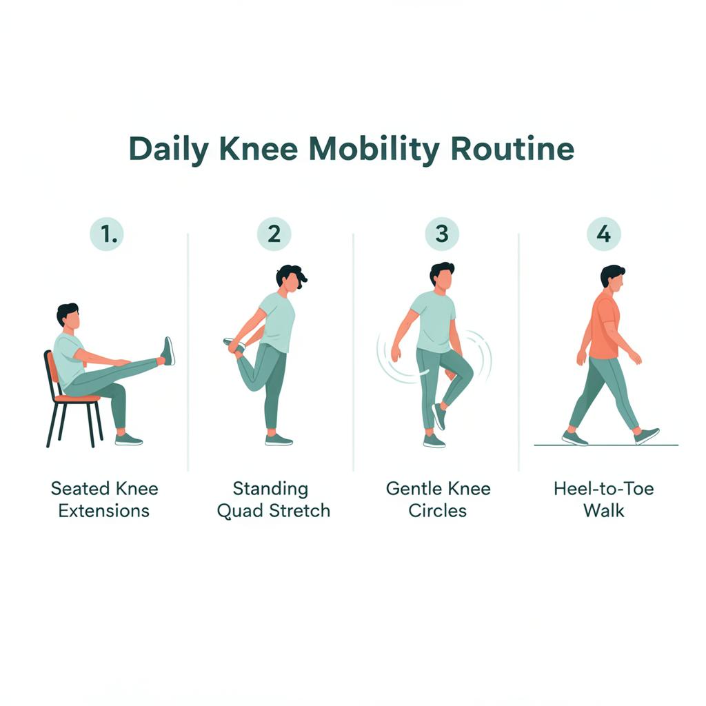 Four-step daily knee mobility routine: seated knee extensions, standing quad stretch, gentle knee circles, and heel-to-toe walk