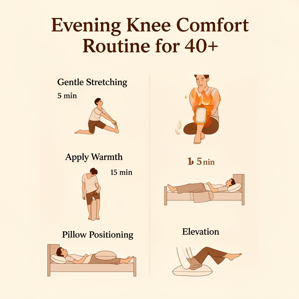 Evening knee comfort routine for adults over 40 showing four steps: gentle stretching, apply warmth, pillow positioning, and elevation