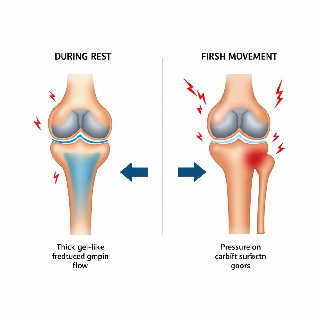 Split diagram comparing knee joint during rest with thick fluid and reduced blood flow versus first movement with fluid redistributing and pressure on cartilage