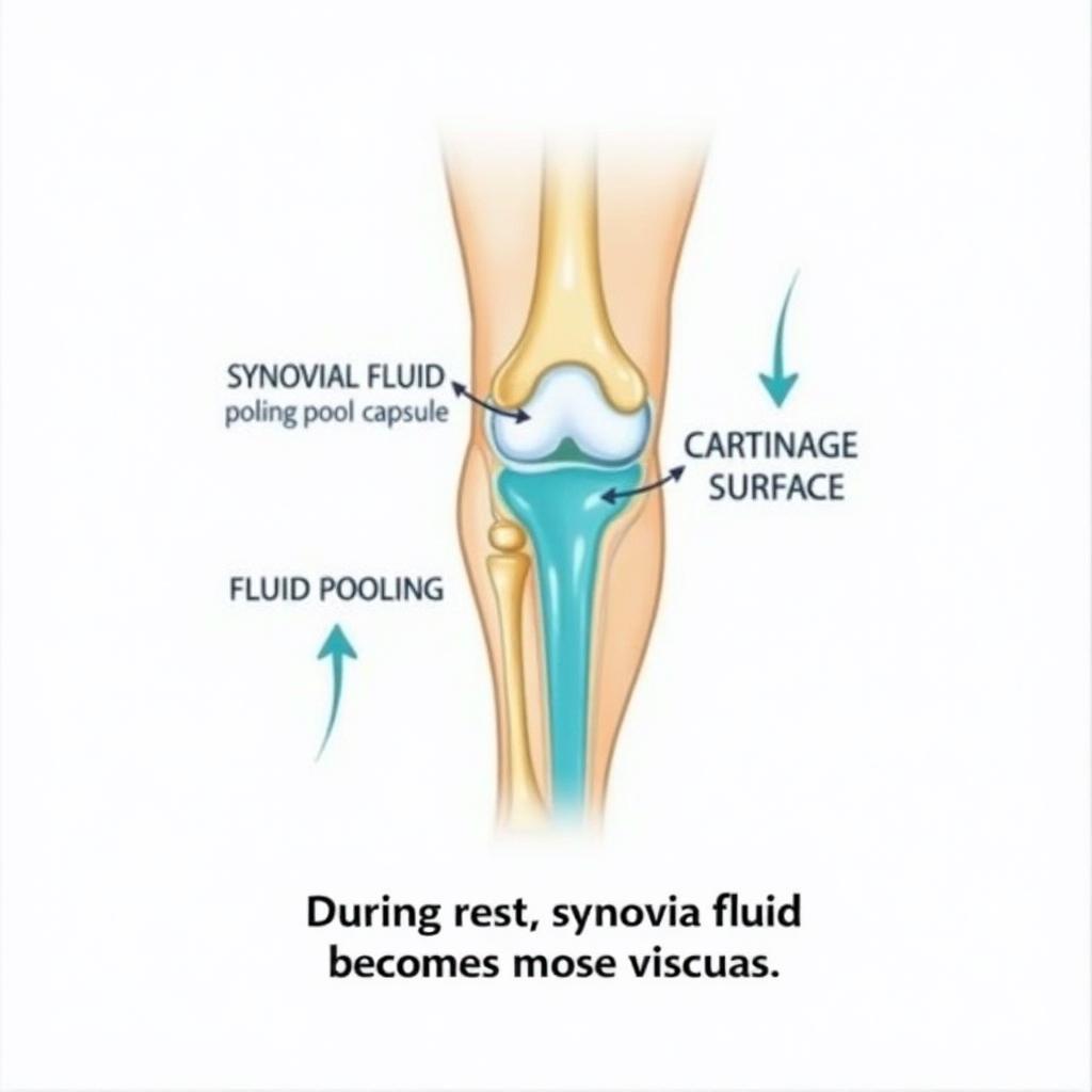 Diagram showing synovial fluid pooling and thickening in the knee joint during rest periods