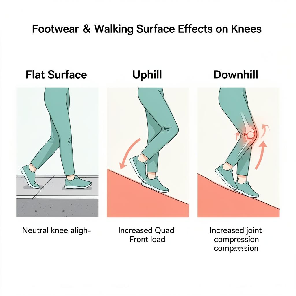 Three-panel comparison showing knee forces on flat surface, uphill, and downhill walking