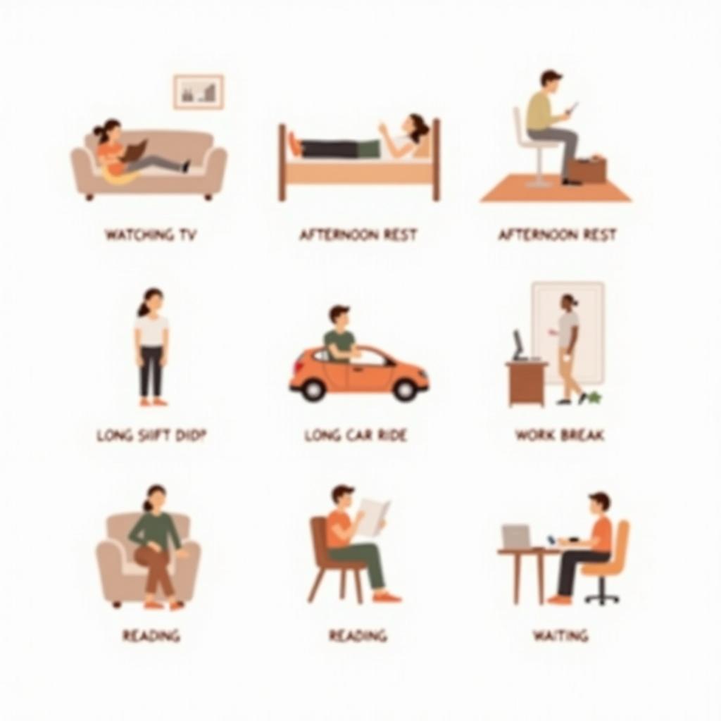 Infographic showing common everyday situations that trigger inactivity knee stiffness including watching TV, afternoon rest, car rides, and work breaks