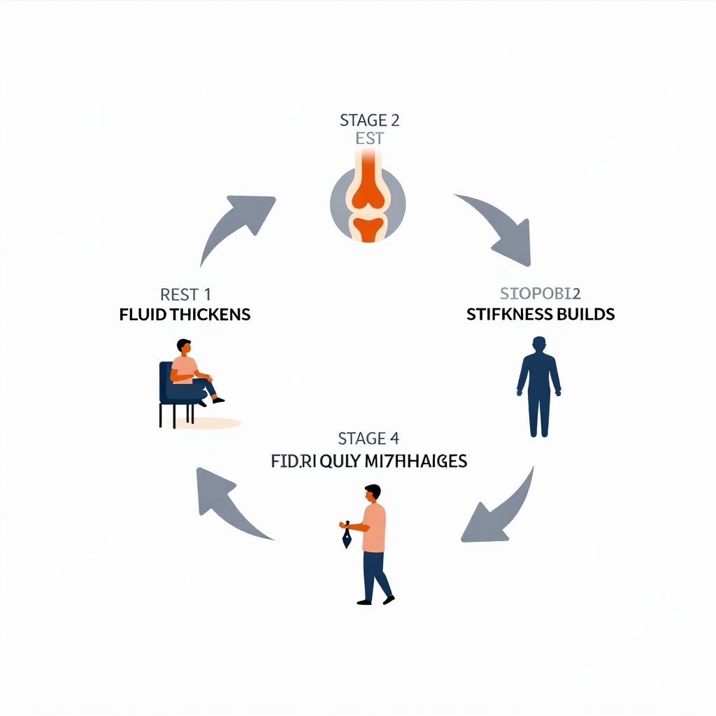 Circular diagram showing the four stages of the inactivity stiffness cycle: Rest, Fluid Thickens, Stiffness Builds, First Movement Hurts