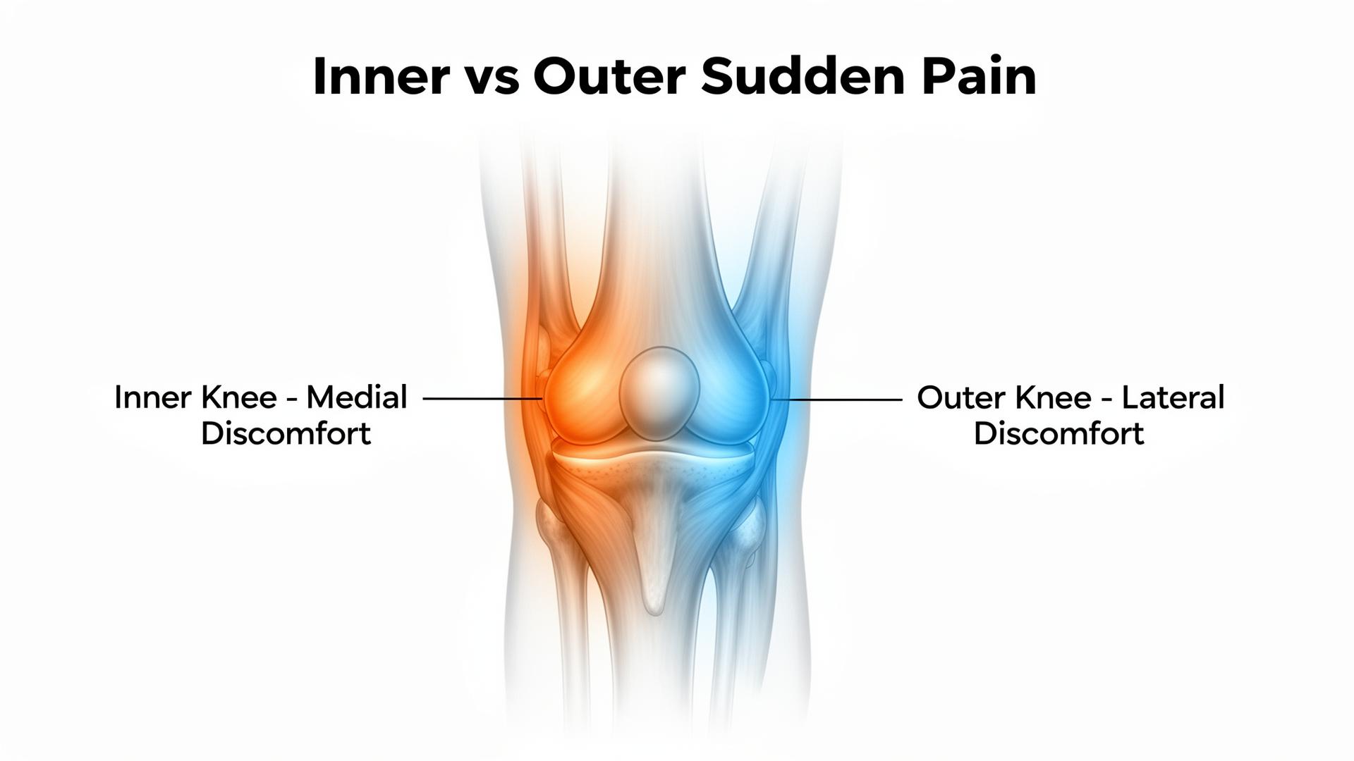 Inner vs outer sudden knee pain diagram showing medial and lateral discomfort zones