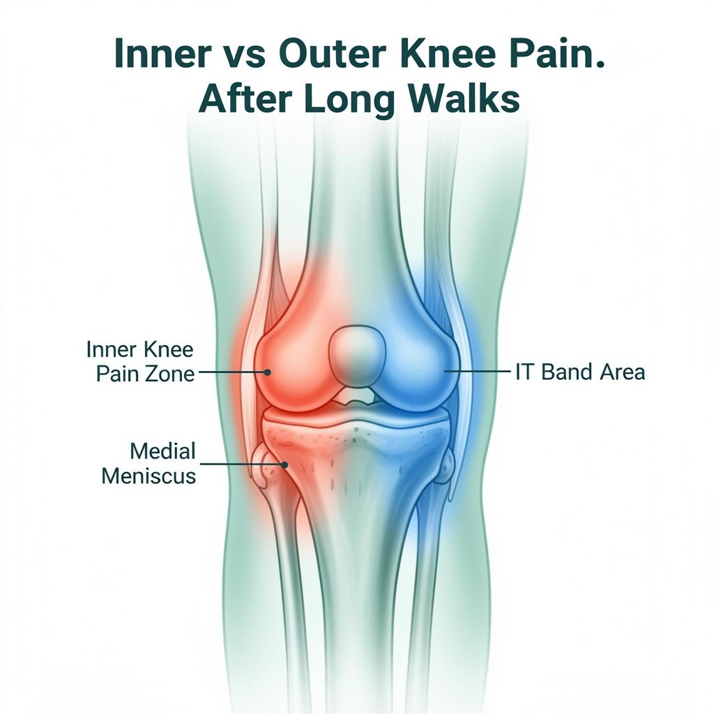 Front view of knee showing inner knee pain zone with medial meniscus and outer knee pain zone with IT band area highlighted