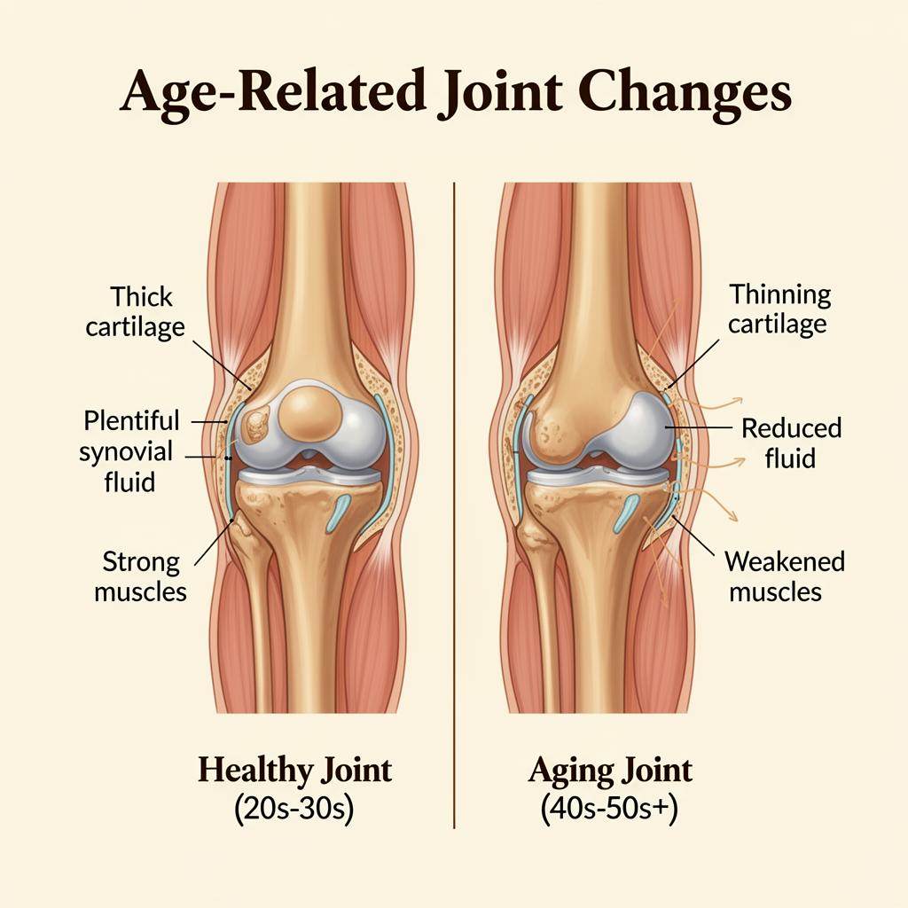 Side-by-side comparison of healthy knee joint at age 30 versus after age 50, showing thinner cartilage, reduced fluid, and stiffer tendons
