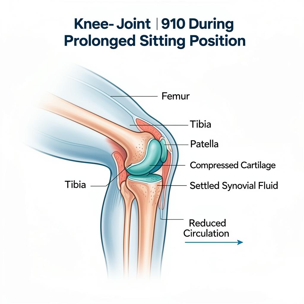Cross-section diagram showing knee joint during prolonged sitting with synovial fluid thickening and cartilage compression