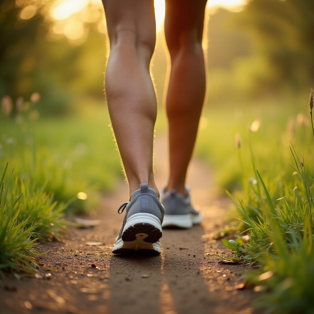 Person walking on a nature trail in supportive shoes, illustrating knee-protective daily habits