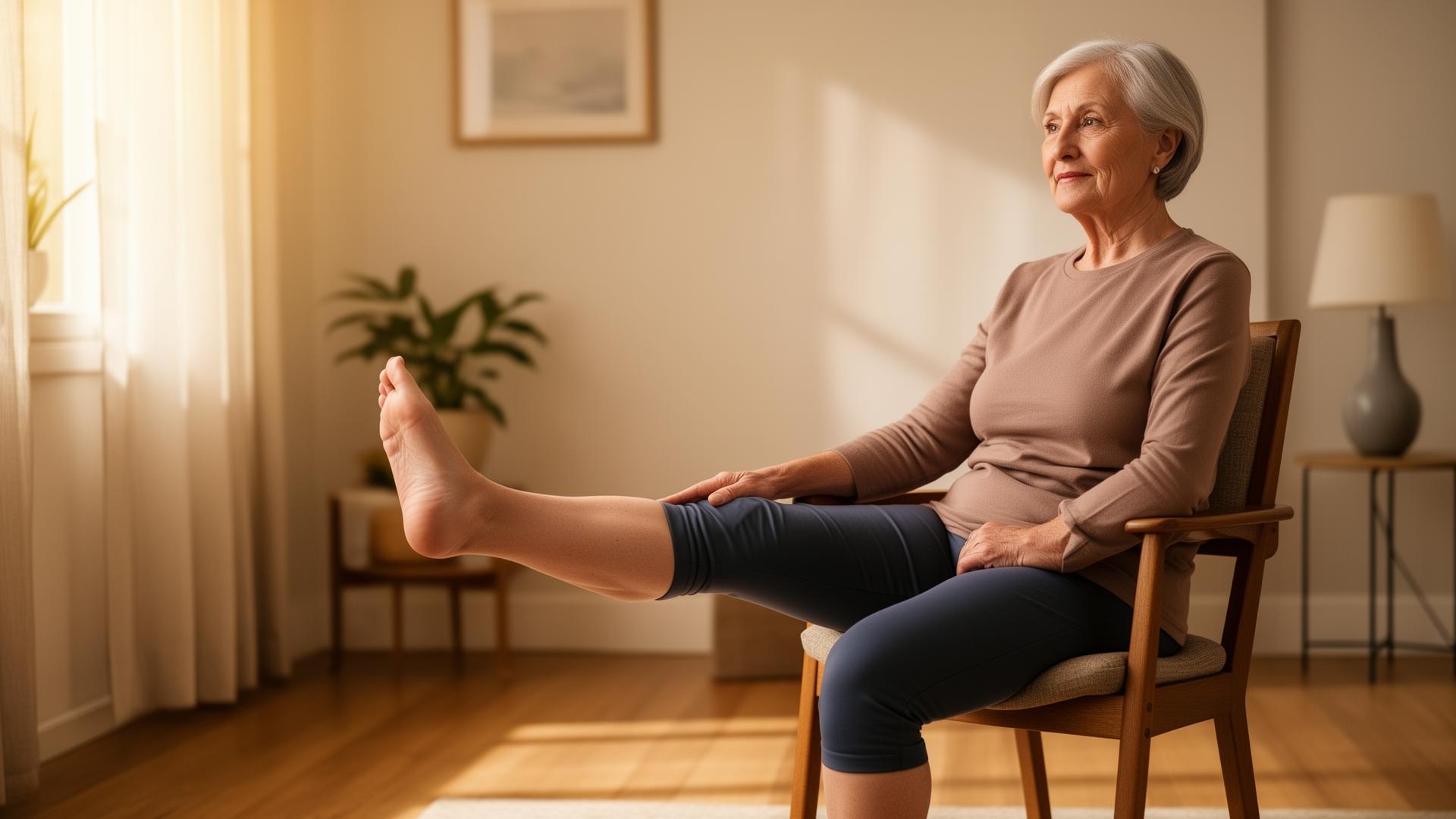 Senior woman doing a gentle seated knee stretch exercise at home for daily knee comfort
