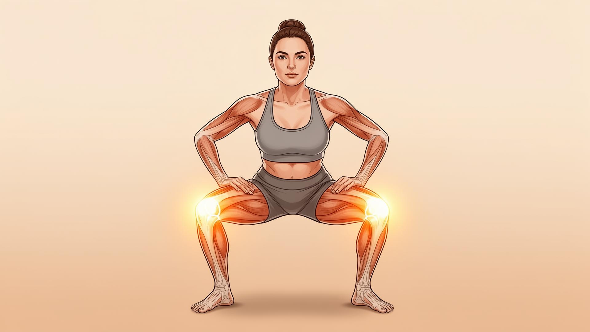 Illustration showing proper squat form and knee joint mechanics