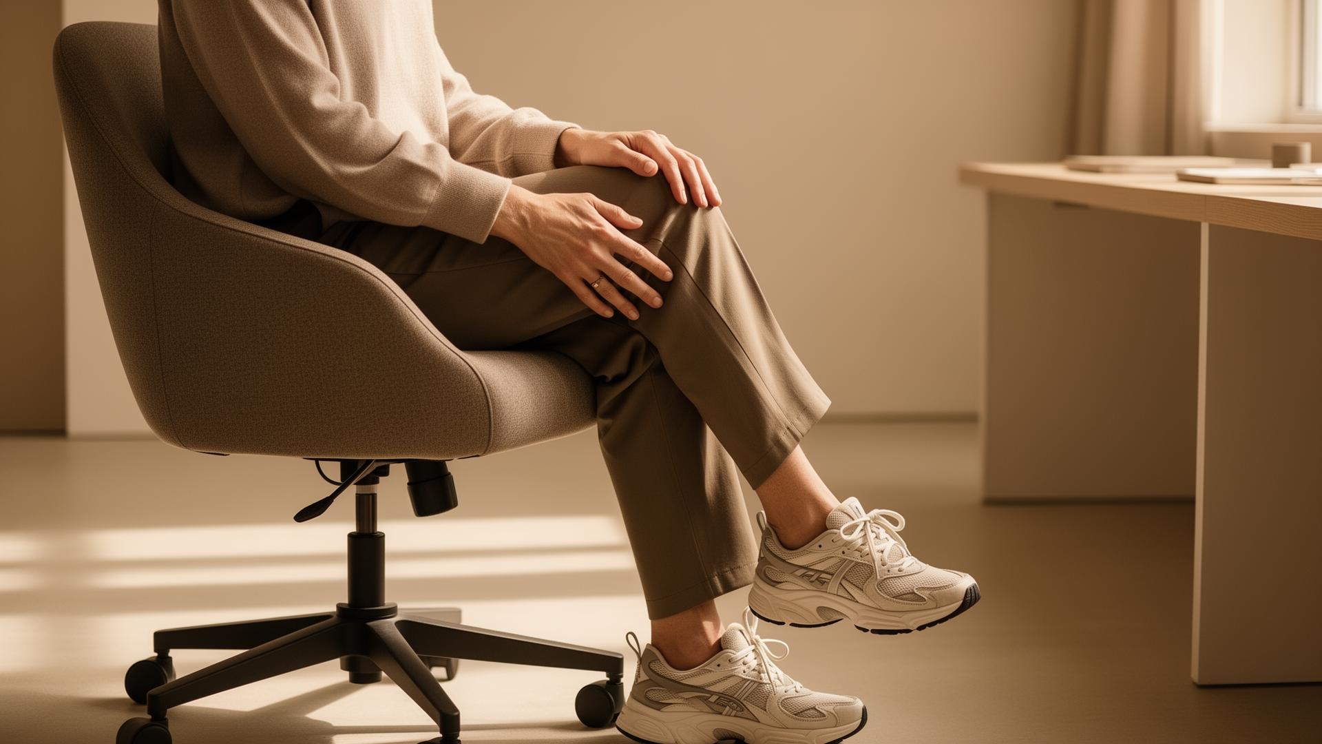 Person seated in office chair with hands on knee, experiencing knee stiffness after prolonged sitting