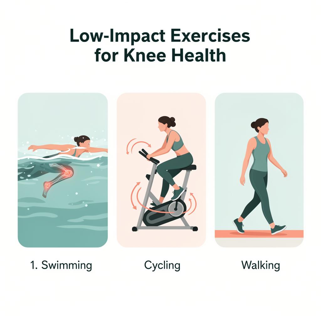 Three low-impact exercises for knee health: swimming, cycling, and walking