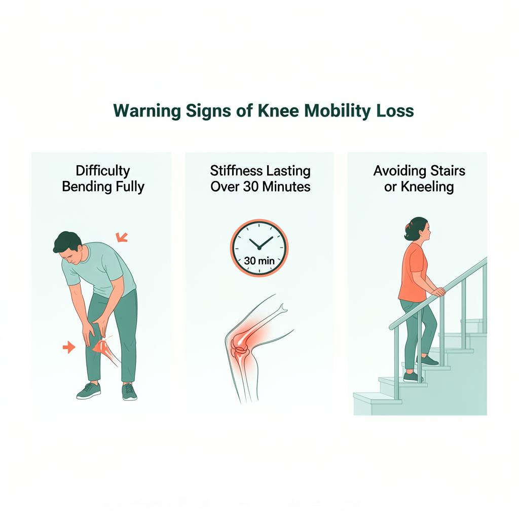 Three warning signs of knee mobility loss: difficulty bending fully, stiffness lasting over 30 minutes, and avoiding stairs or kneeling