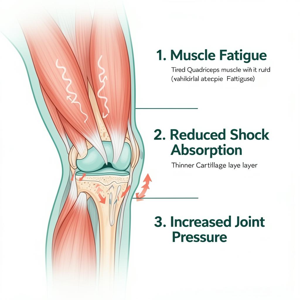 Three-stage diagram showing muscle fatigue leading to reduced shock absorption and increased joint pressure in the knee