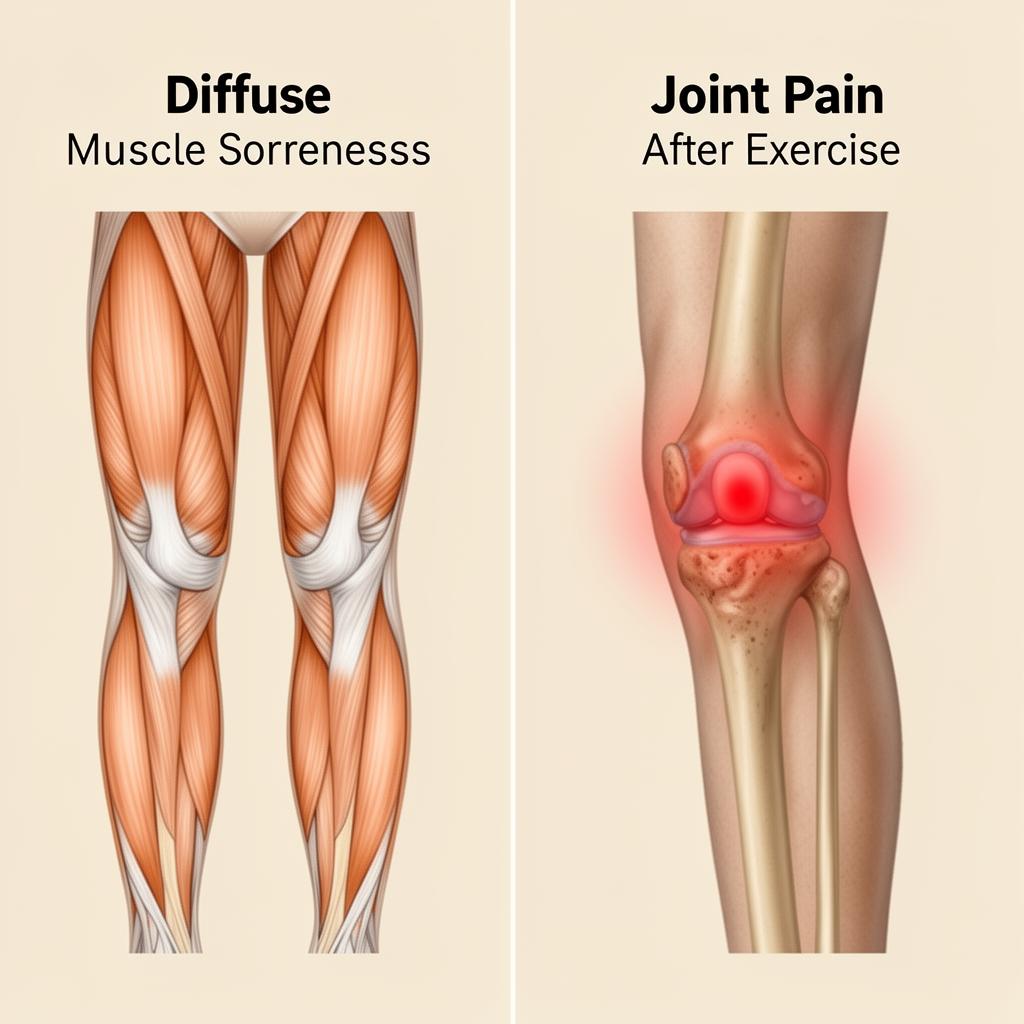 Comparison diagram showing characteristics of muscle soreness versus joint pain after exercise