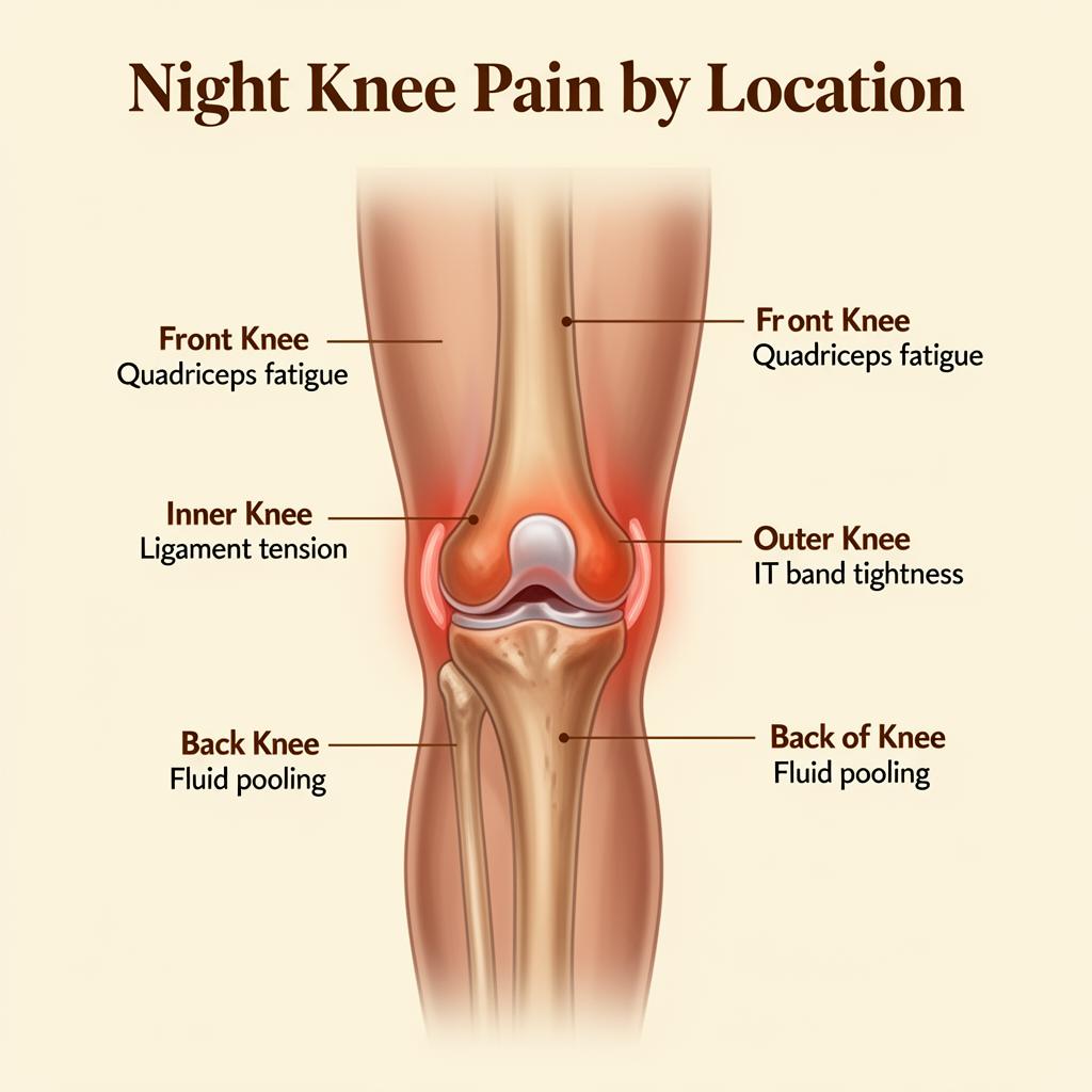 Knee diagram showing night pain zones: front knee quadriceps fatigue, inner knee ligament tension, outer knee IT band tightness, back of knee fluid pooling