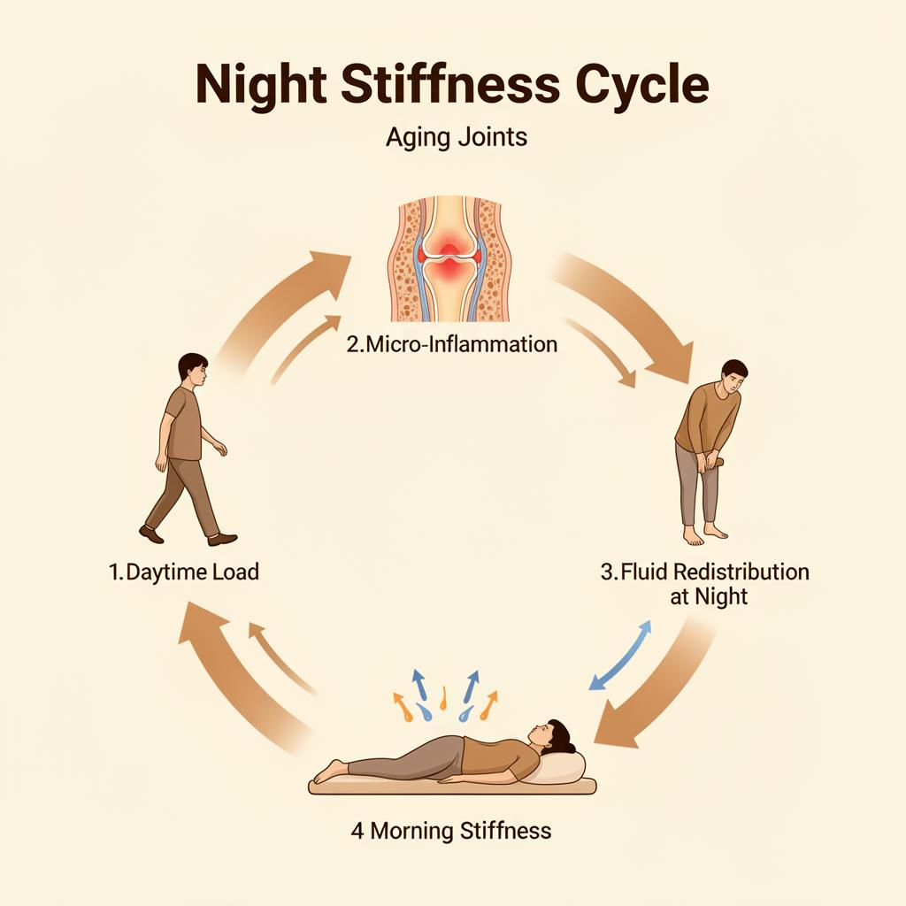 Night stiffness cycle diagram showing how daytime load leads to micro-inflammation, fluid redistribution at night, and morning stiffness