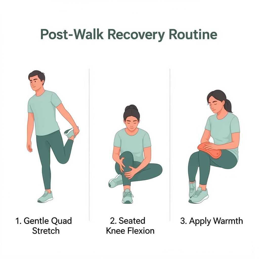 Three-step post-walk recovery routine: gentle quad stretch, seated knee flexion, and applying warmth to the knee