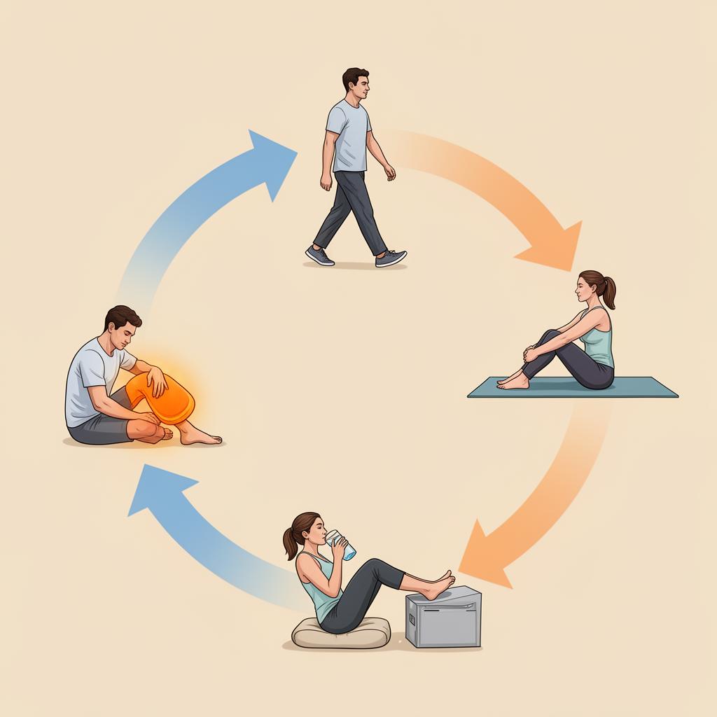 Post-exercise knee recovery cycle showing five steps: cool down, apply warmth, gentle stretching, rest and hydrate, light movement next day