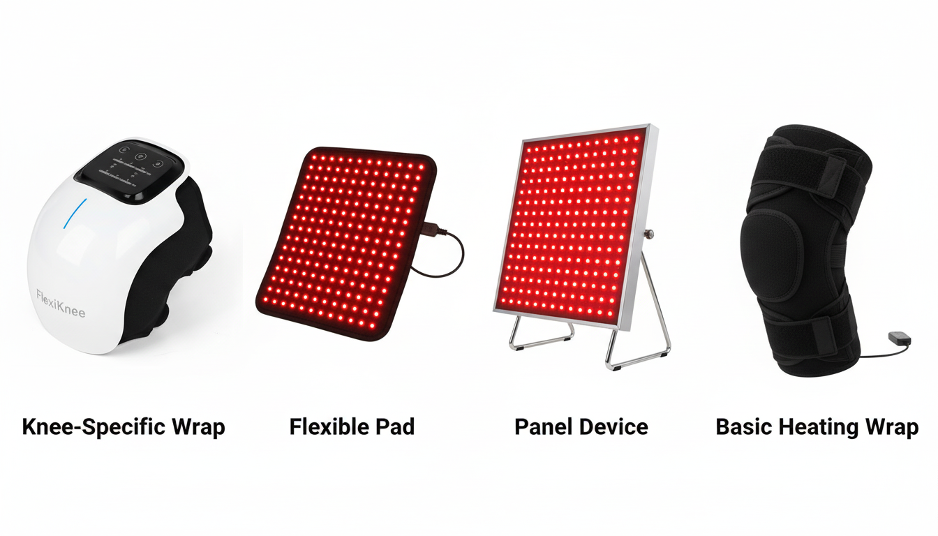 Comparison of different red light therapy device types including knee wraps, panels, and combo devices