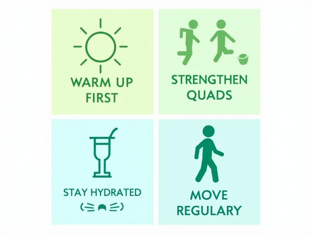 Four-quadrant infographic showing tips to reduce knee clicking: warm up first, strengthen quads, stay hydrated, move regularly